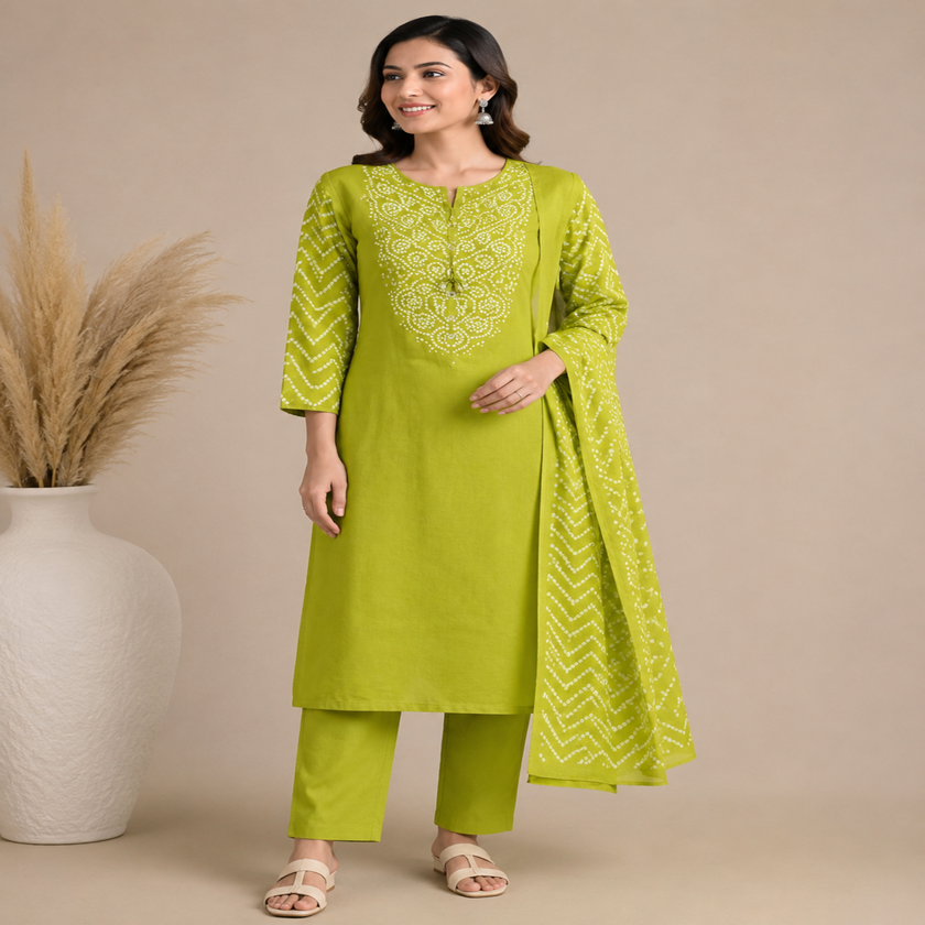 Green Bandhej 3 piece suit for women with printed kurta, pants and dupatta