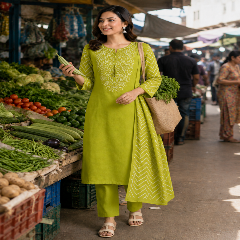Green Bandhej 3 piece suit for women with printed kurta, pants and dupatta