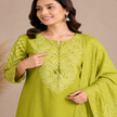 Green Bandhej 3 piece suit for women with printed kurta, pants and dupatta