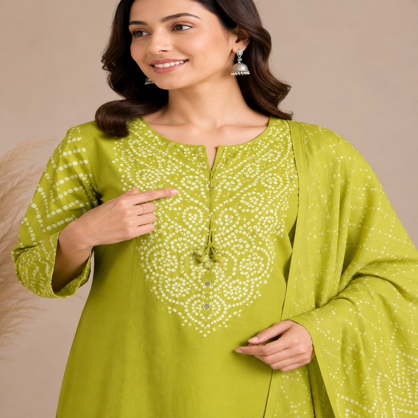 Green Bandhej 3 piece suit for women with printed kurta, pants and dupatta
