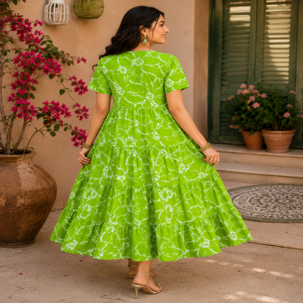 Green printed cotton midi dress for women with flowy tiered skirt