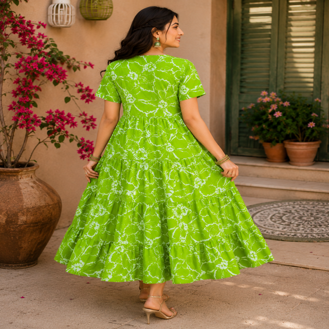 Green printed cotton midi dress for women with flowy tiered skirt