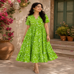 Green printed cotton midi dress for women with flowy tiered skirt