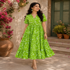 Green printed cotton midi dress for women with flowy tiered skirt