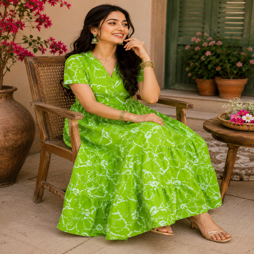 Green printed cotton midi dress for women with flowy tiered skirt
