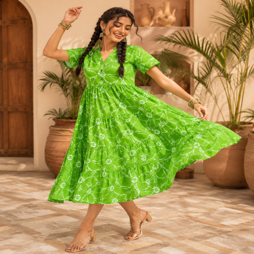 Green printed cotton midi dress for women with flowy tiered skirt