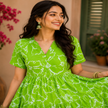 Green printed cotton midi dress for women with flowy tiered skirt