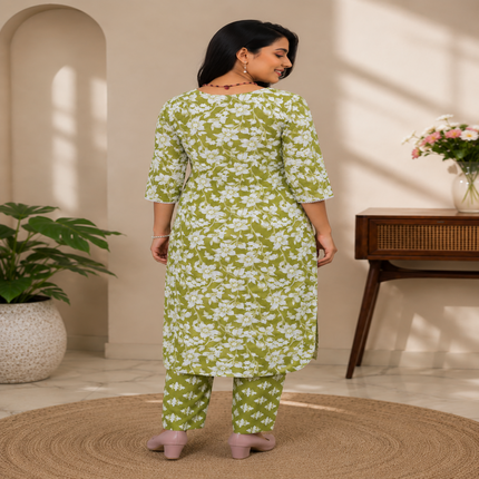 Green White Cotton Floral Kurta Set for Women with Floral Printed Kurta and Matching Straight Pants