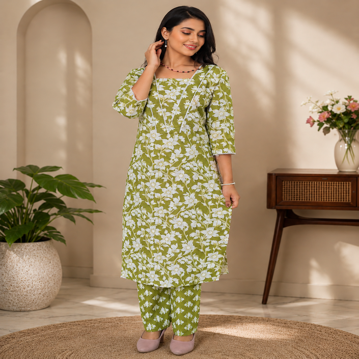 Green White Cotton Floral Kurta Set for Women with Floral Printed Kurta and Matching Straight Pants