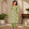 Green White Cotton Floral Kurta Set for Women with Floral Printed Kurta and Matching Straight Pants