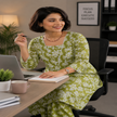 Green White Cotton Floral Kurta Set for Women with Floral Printed Kurta and Matching Straight Pants