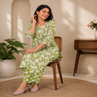 Green White Cotton Floral Kurta Set for Women with Floral Printed Kurta and Matching Straight Pants