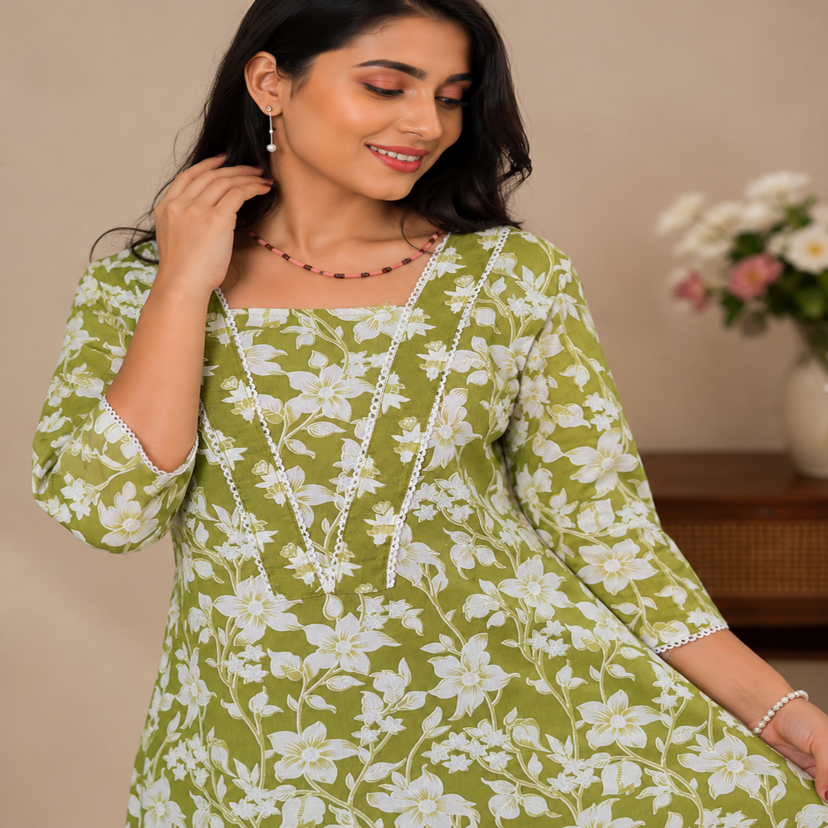 Green White Cotton Floral Kurta Set for Women with Floral Printed Kurta and Matching Straight Pants