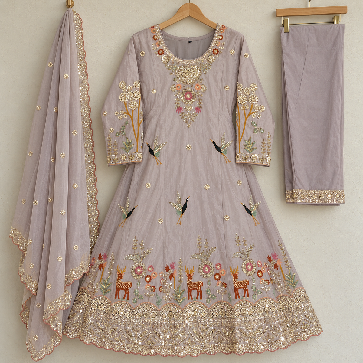 Mauve Hand Embroidered A-Line Dupatta Suit