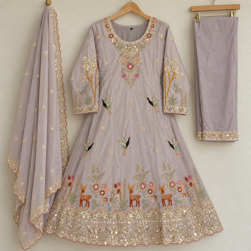 Mauve Hand Embroidered A-Line Dupatta Suit