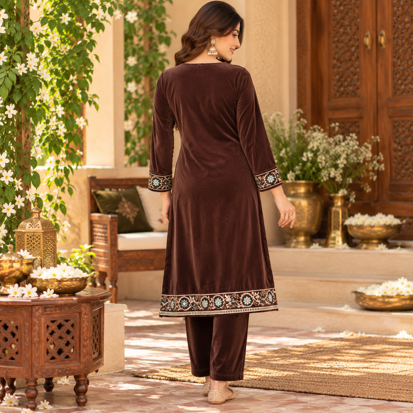 Brown Velvet  Heavy Embroidered Cord Set