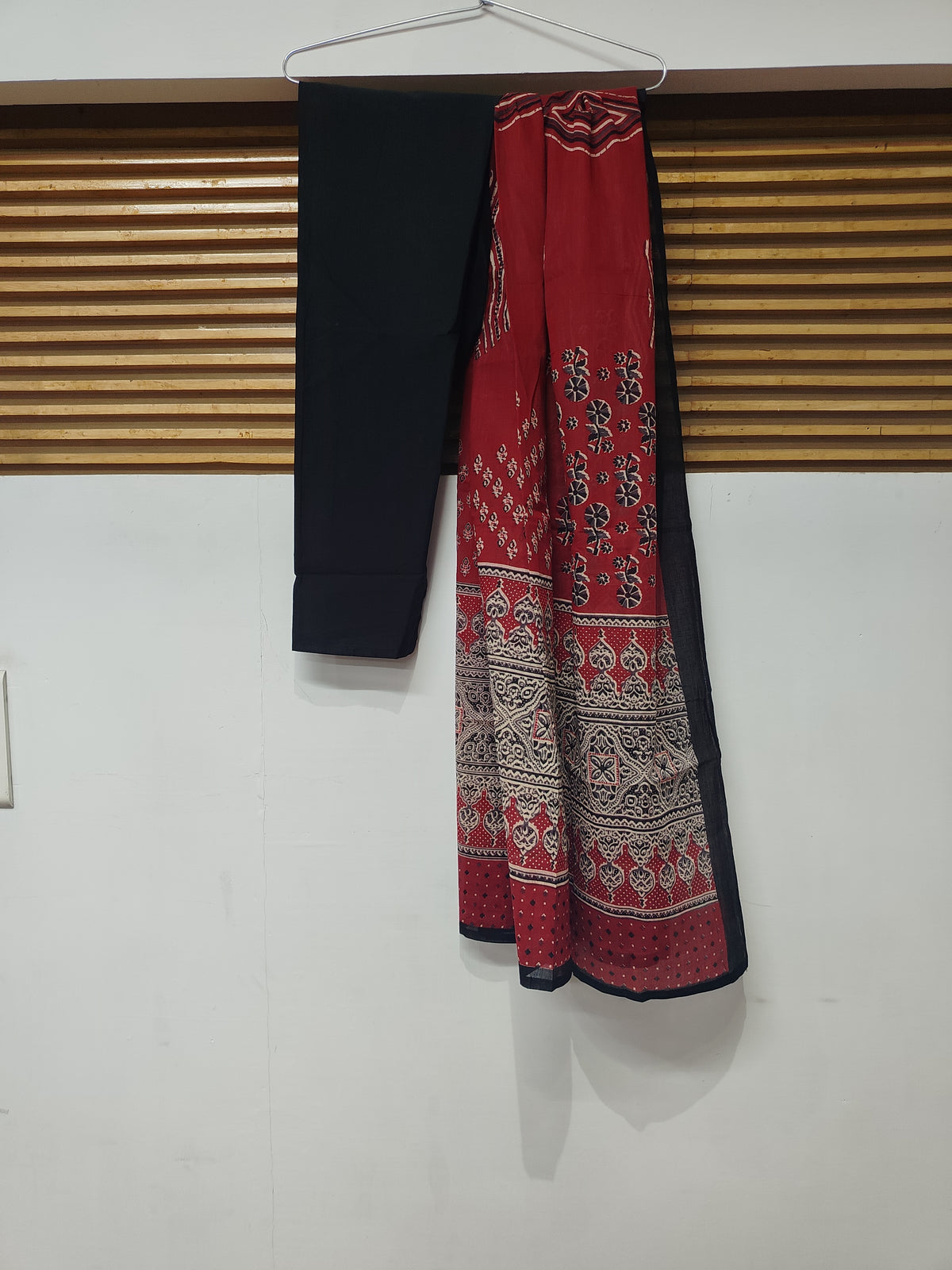 Black and Red Printed Flared Kurta Dupatta Suit