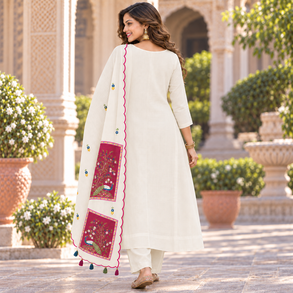 Ivory Peacock A-Line Dupatta Suit