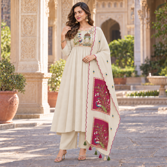 Ivory Peacock A-Line Dupatta Suit