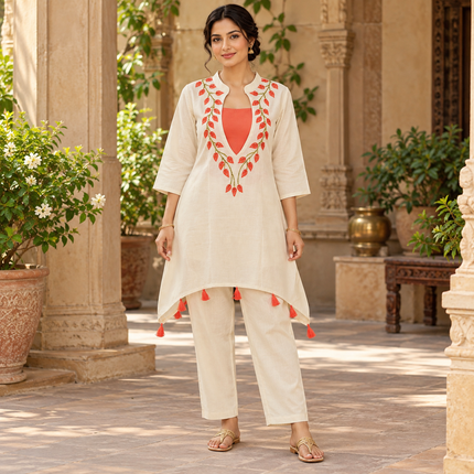 Ivory C-Cut co-ord set for women with coral embroidered neckline and matching trousers