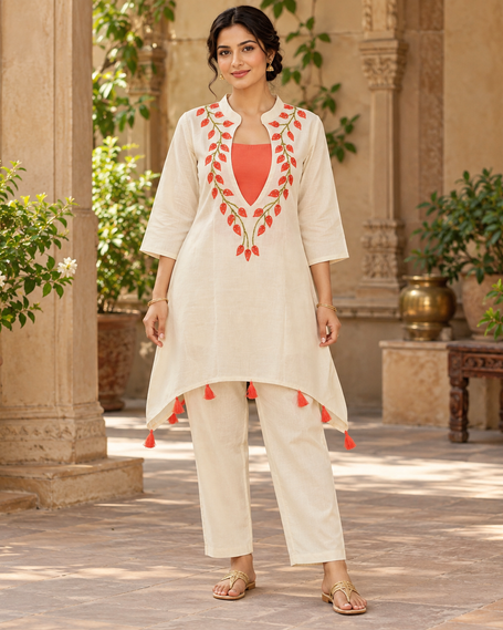 Ivory C-Cut co-ord set for women with coral embroidered neckline and matching trousers
