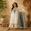 Ivory cream cotton dupatta suit set for women with floral printed kurta, pants and dupatta
