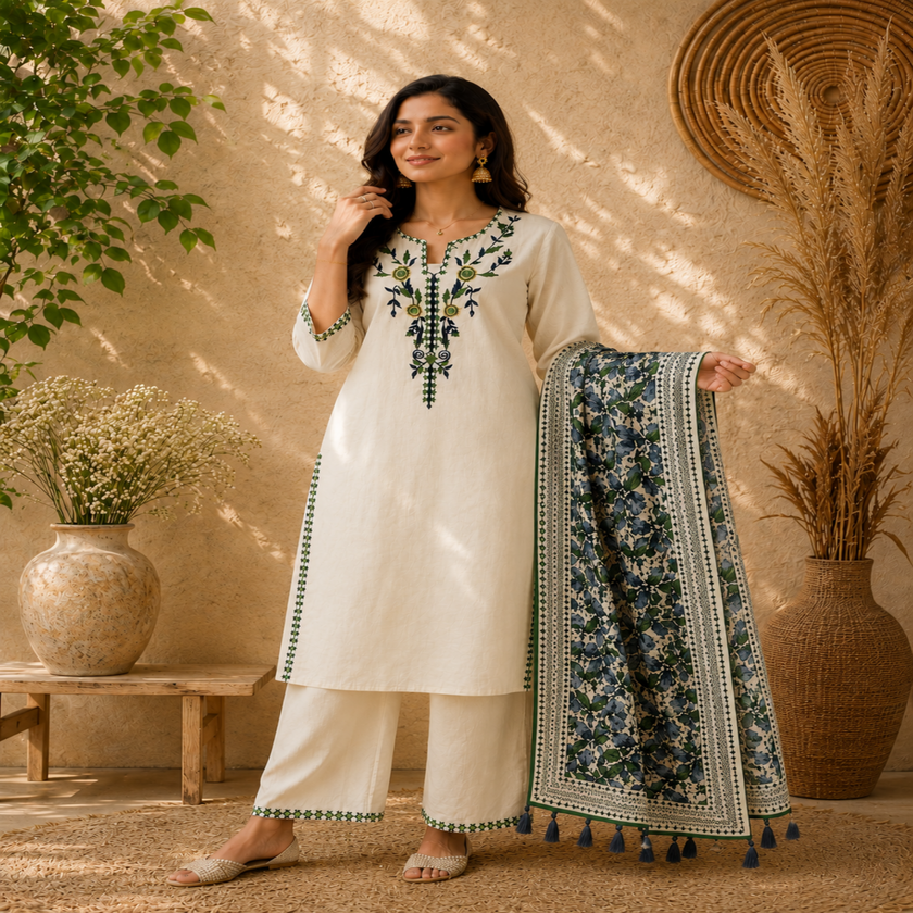 Ivory cream cotton dupatta suit set for women with floral printed kurta, pants and dupatta