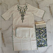 Ivory cream cotton dupatta suit set for women with floral printed kurta, pants and dupatta