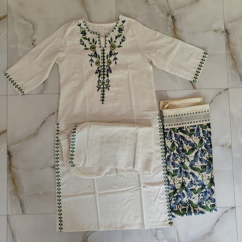 Ivory cream cotton dupatta suit set for women with floral printed kurta, pants and dupatta