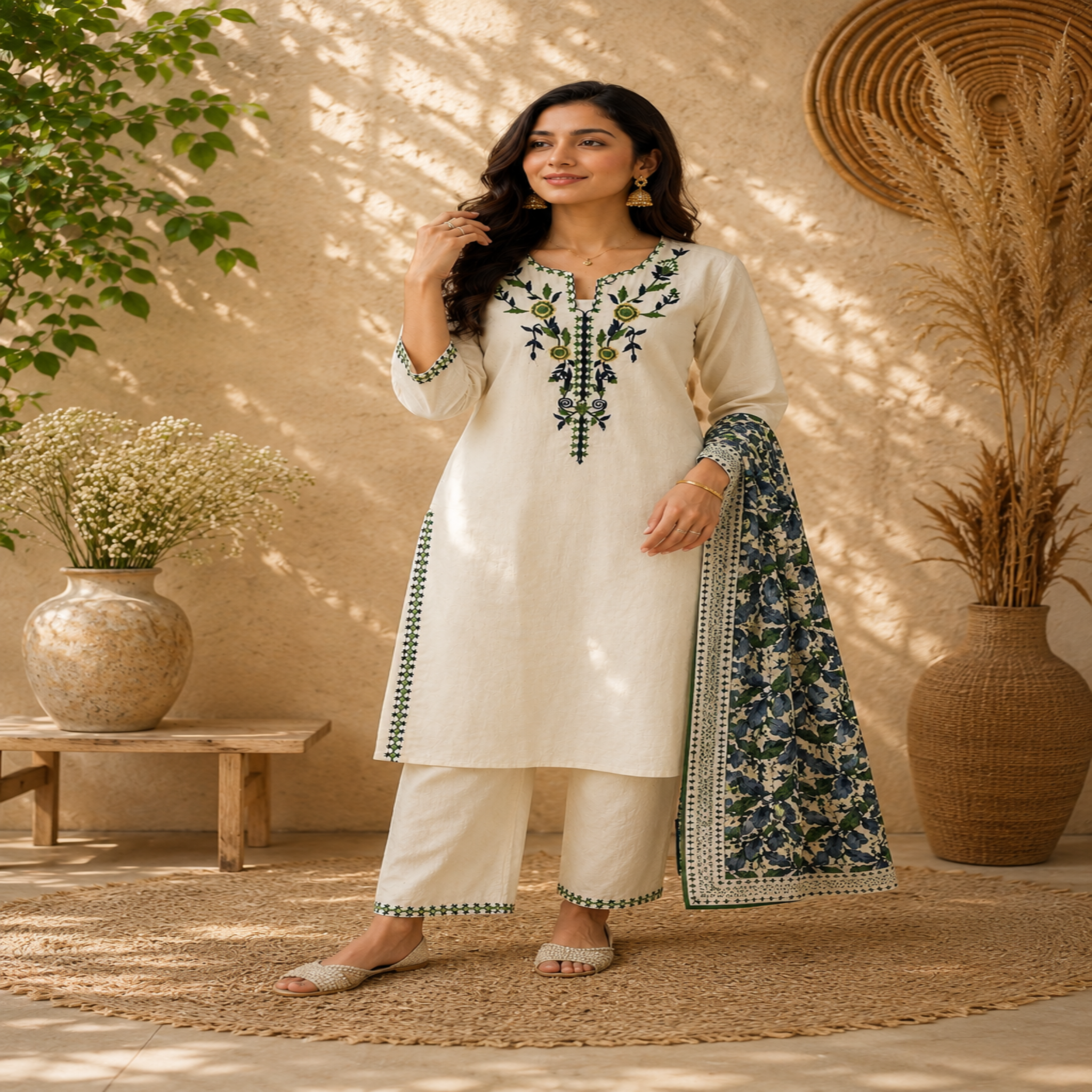 Ivory cream cotton dupatta suit set for women with floral printed kurta, pants and dupatta