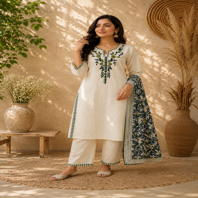 Ivory cream cotton dupatta suit set for women with floral printed kurta, pants and dupatta