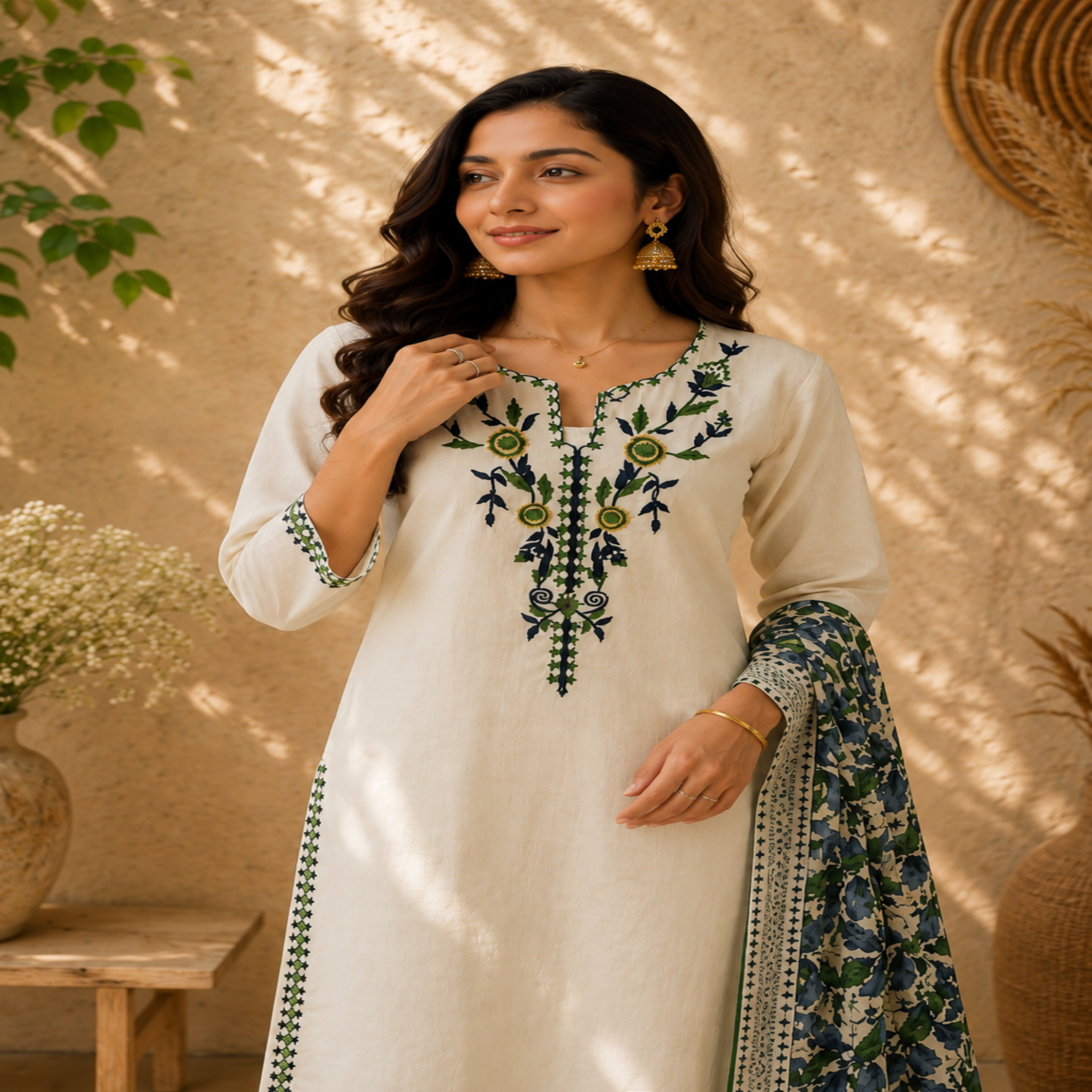 Ivory cream cotton dupatta suit set for women with floral printed kurta, pants and dupatta