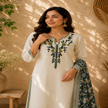 Ivory cream cotton dupatta suit set for women with floral printed kurta, pants and dupatta