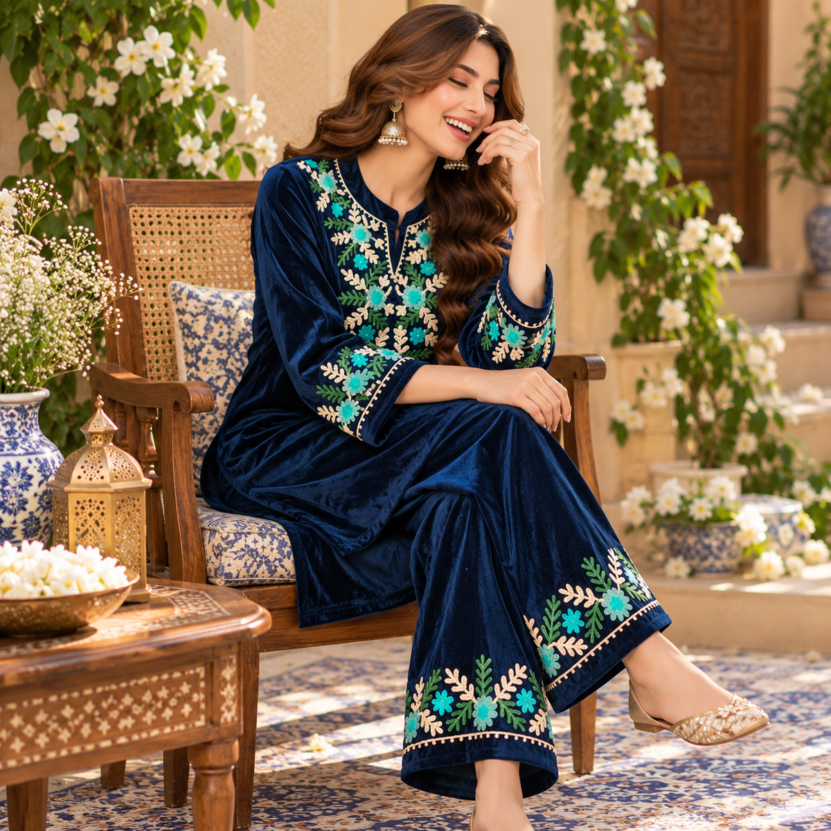 Blue Front-Back Embroidered Woolen Kurta Set