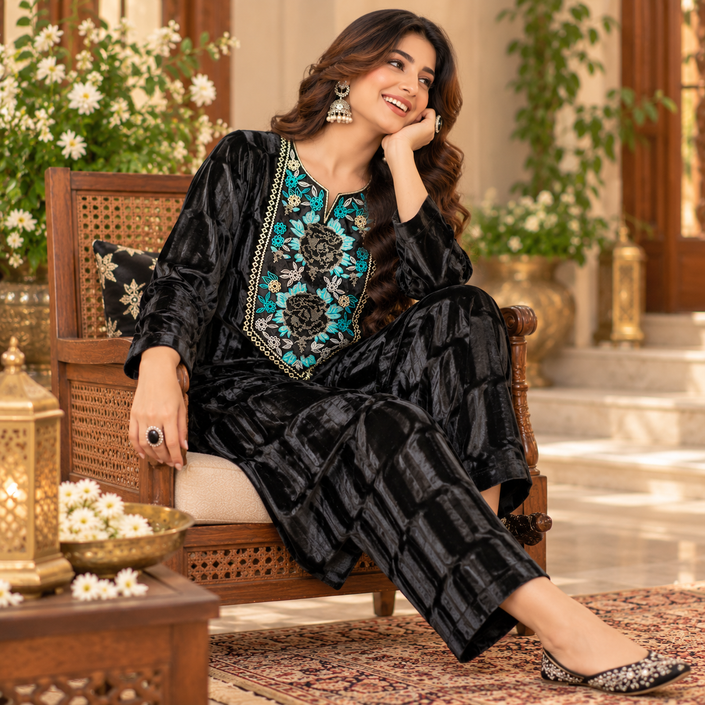 Black Velvet Floral Yoke Winter Cord Set