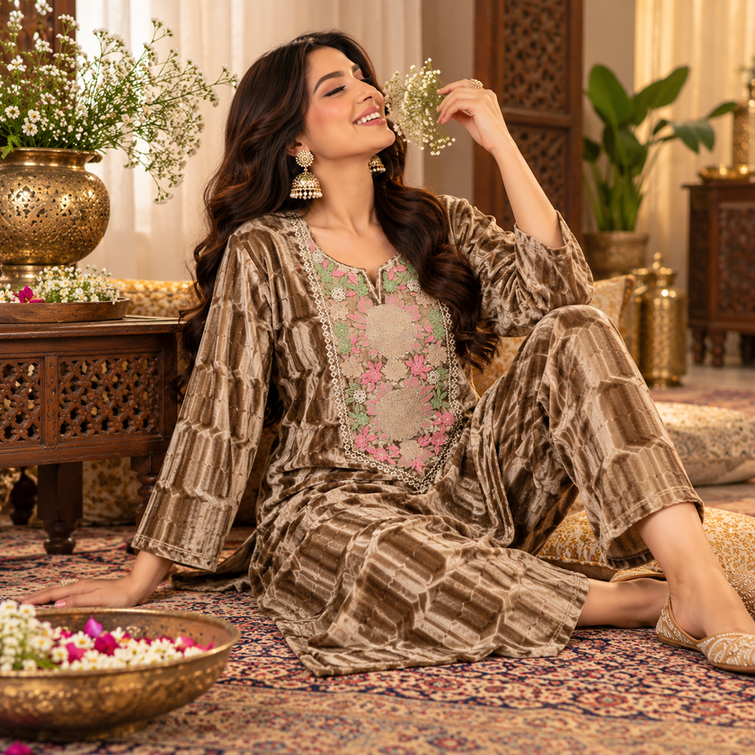 Light Brown Velvet Floral Yoke Winter Cord Set