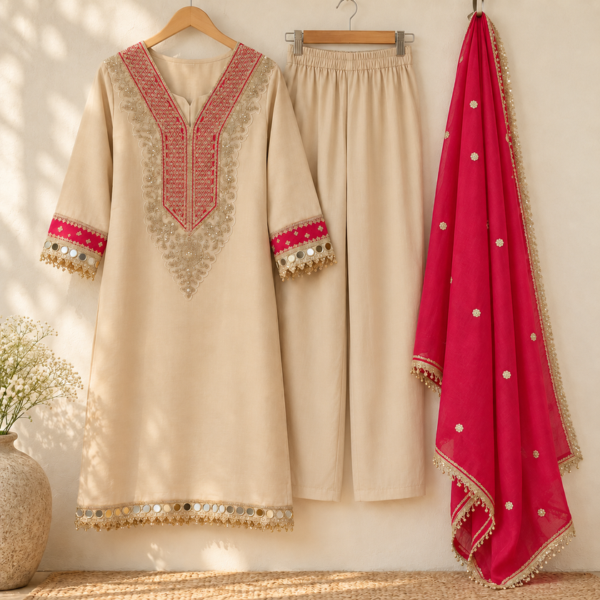 Cream With Metalic Embroidered With Pink Contrast Dupatta Suit