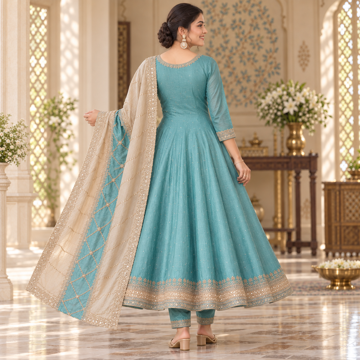 Light Blue Embroidered Anarkali Suit with Dupatta Set
