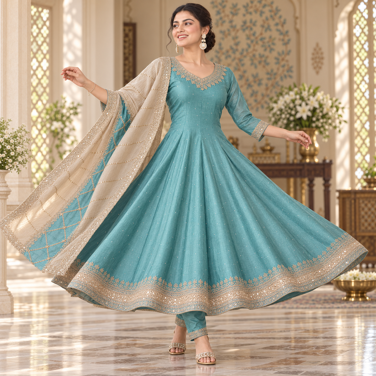 Light Blue Embroidered Anarkali Suit with Dupatta Set