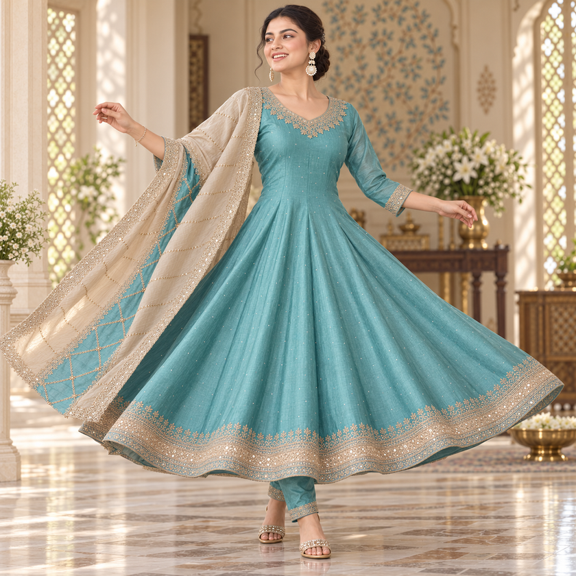 Light Blue Embroidered Anarkali Suit with Dupatta Set