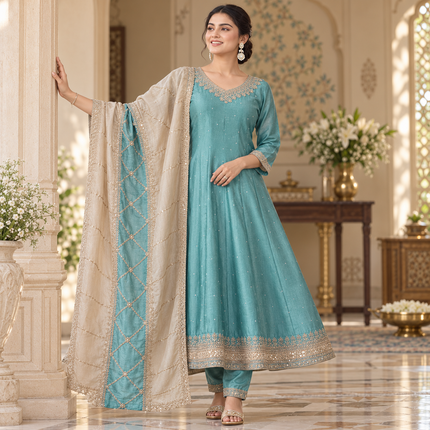 Light Blue Embroidered Anarkali Suit with Dupatta Set