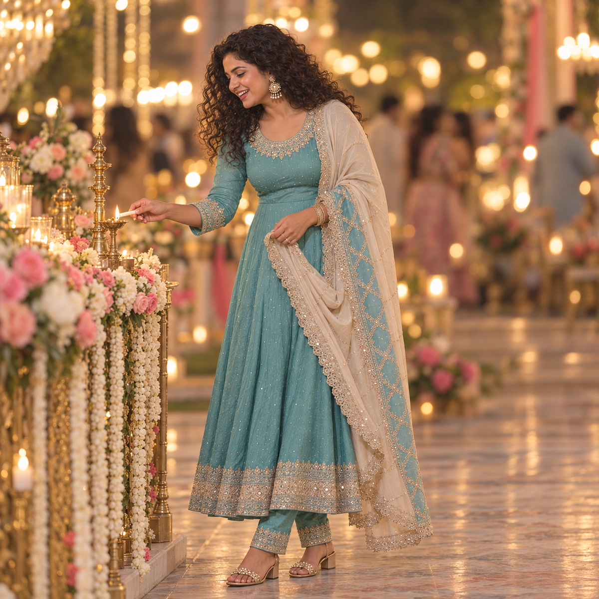 Light Blue Embroidered Anarkali Suit with Dupatta Set