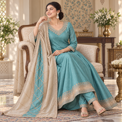 Light Blue Embroidered Anarkali Suit with Dupatta Set