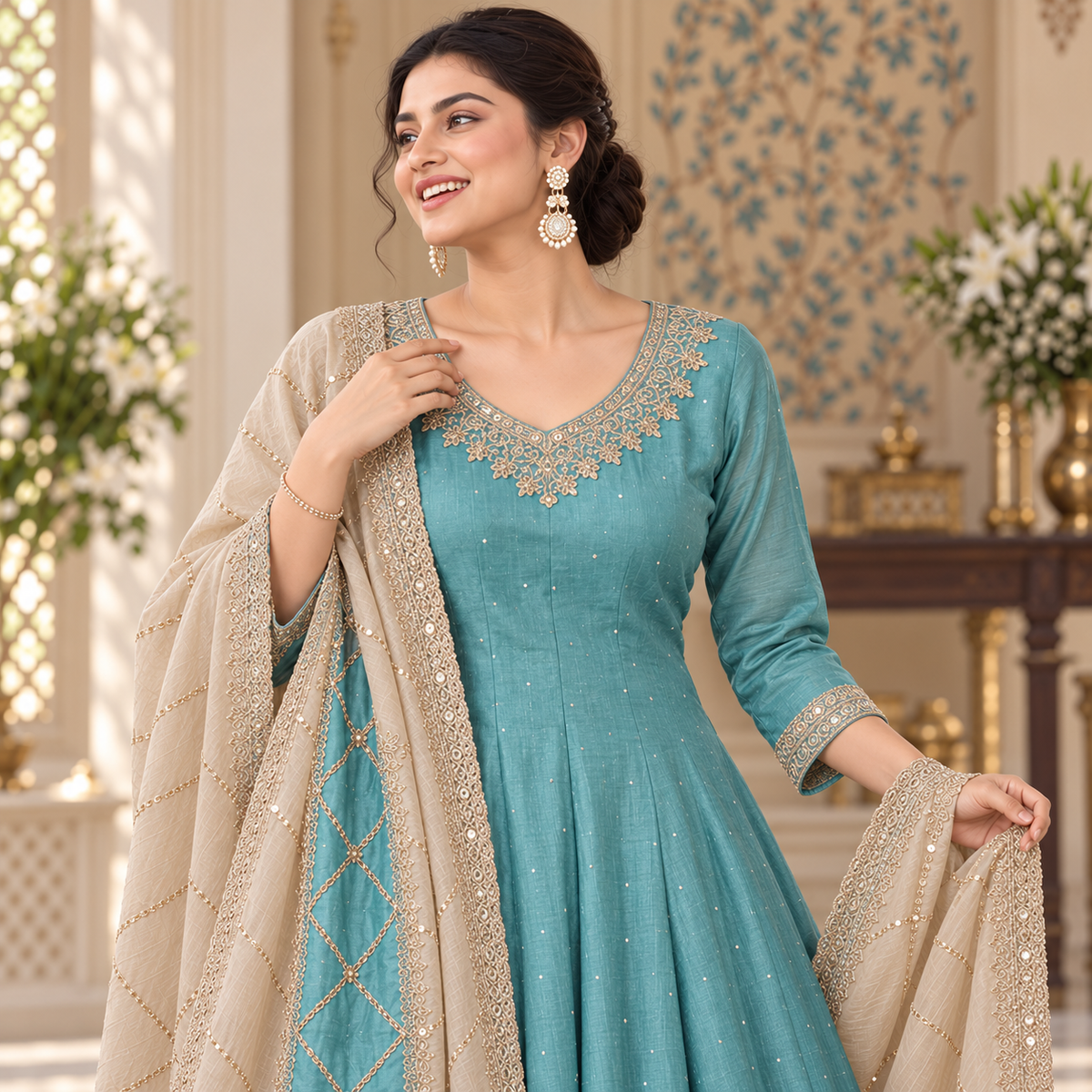 Light Blue Embroidered Anarkali Suit with Dupatta Set
