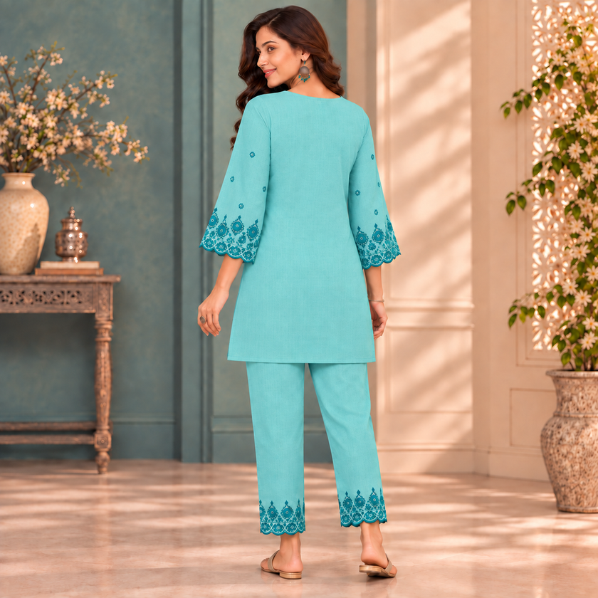 Light Blue Floral Embroidered Cord Set