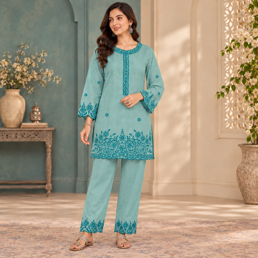 Light Blue Floral Embroidered Cord Set