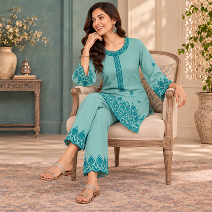 Light Blue Floral Embroidered Cord Set