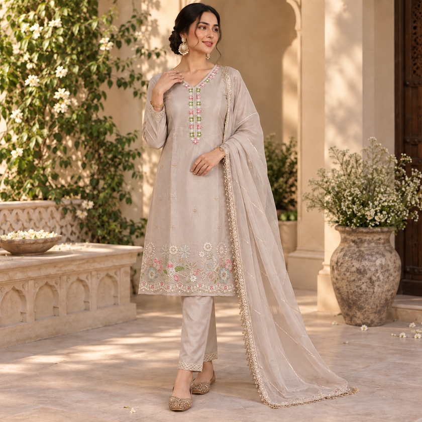 Light Grey Embroidered Dupatta Suit
