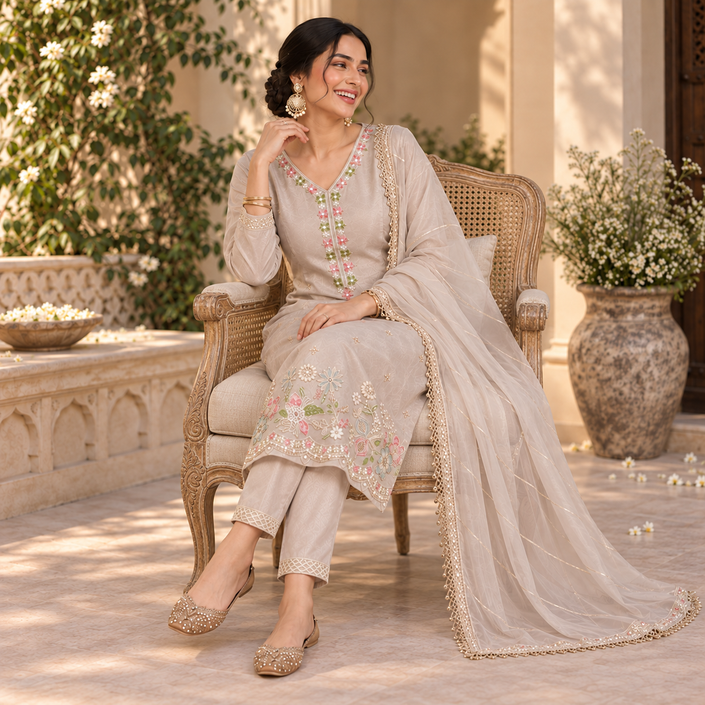 Light Grey Embroidered Dupatta Suit