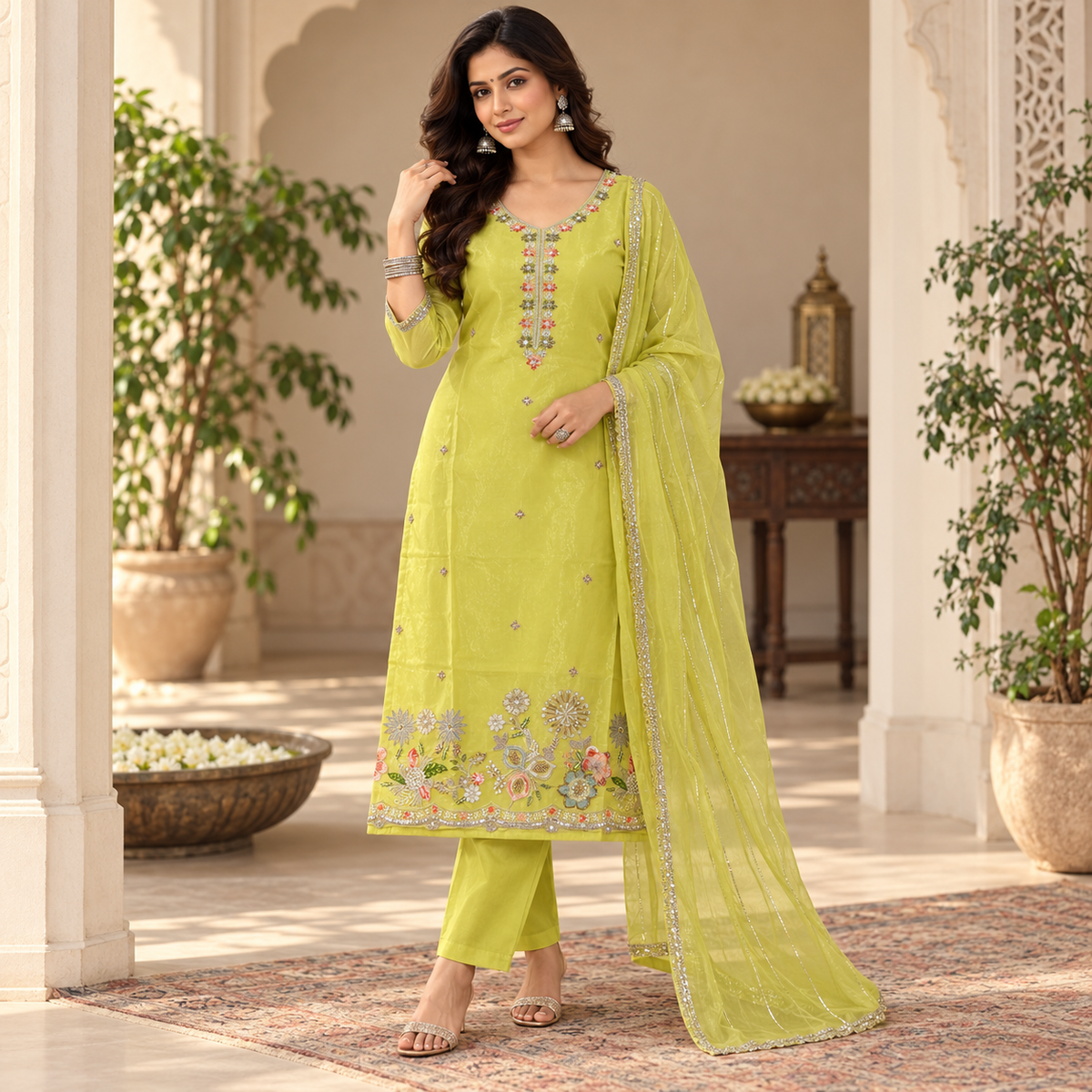 Lime Green Embroidered Dupatta Suit